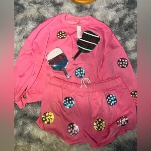Pink Sequin Paddle Graphic Sweatshirt & Shorts Set